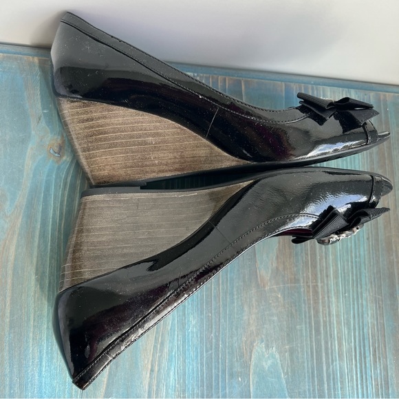 Coach Poppy Jaden Black Open Toe Patent Leather Wedge Pump Size - Picture 14 of 16